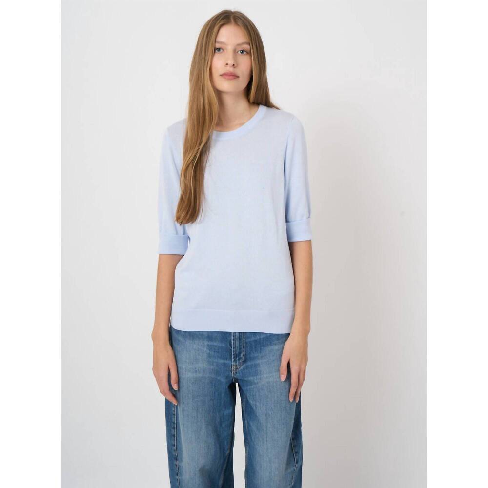 NEW REPEAT CASHMERE fine knit short sleeve pullover top in ocean